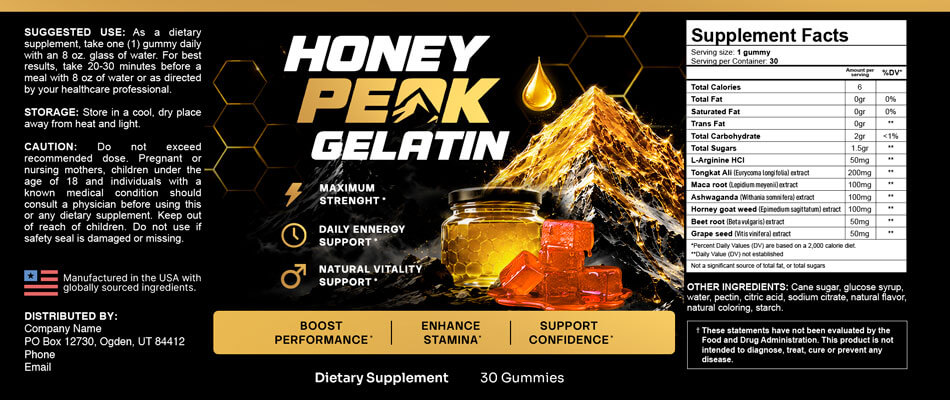 Honey Peak Gelatin label showing suggested use, storage, caution and the facts panel with every ingredient amount